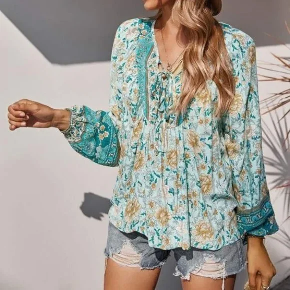 Boho Gypsy Floral Print Blouse Top teal - Picture 1 of 8